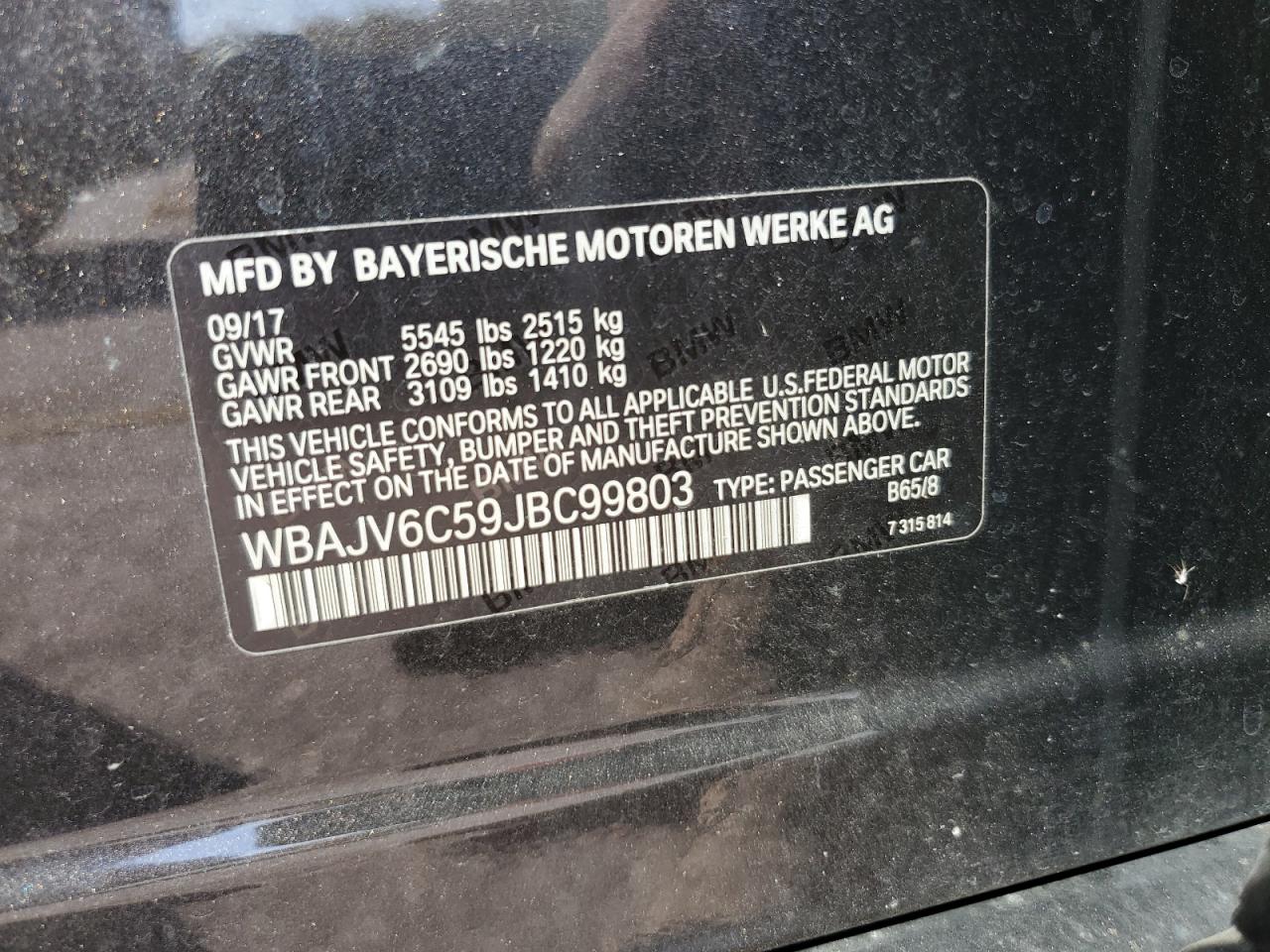 2018 BMW 640 Xigt VIN: WBAJV6C59JBC99803 Lot: 85530305