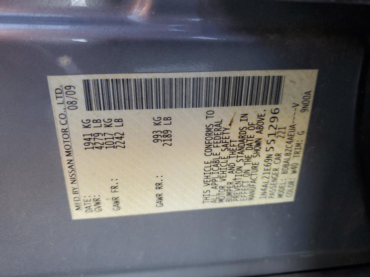 2009 Nissan Altima 2.5 VIN: 1N4AL21E69N551296 Lot: 82444875