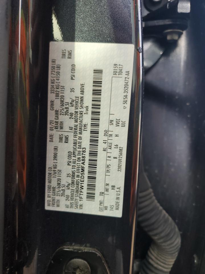 2021 Ford F150 Supercrew VIN: 1FTFW1ED5MFA88783 Lot: 90314425