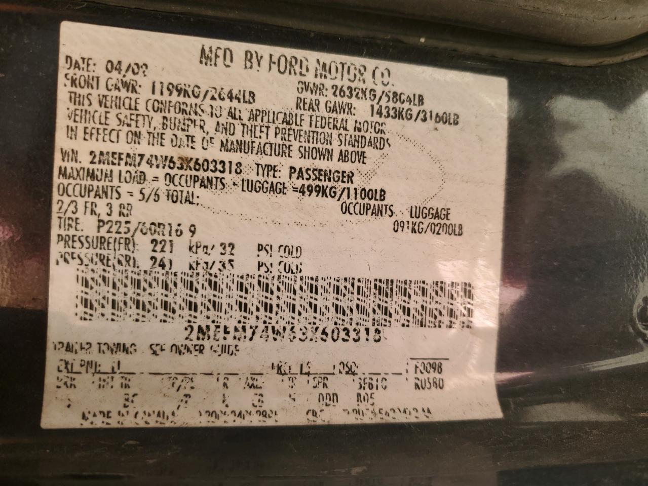 2003 Mercury Grand Marquis Gs VIN: 2MEFM74W63X603318 Lot: 87012245