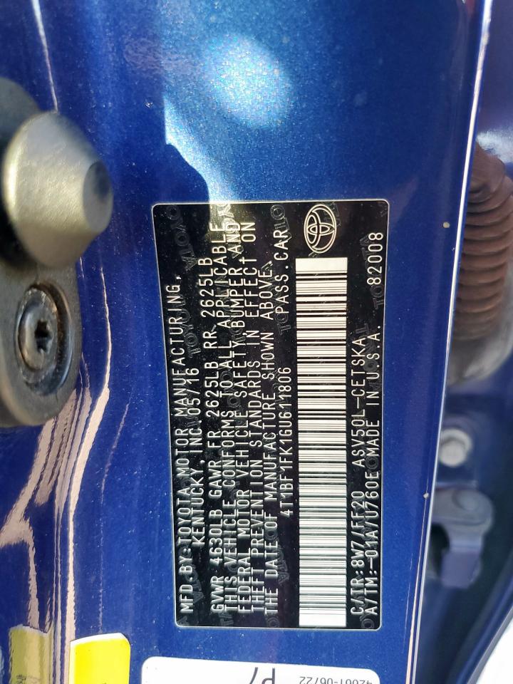 2016 Toyota Camry Le VIN: 4T1BF1FK1GU611806 Lot: 81903085