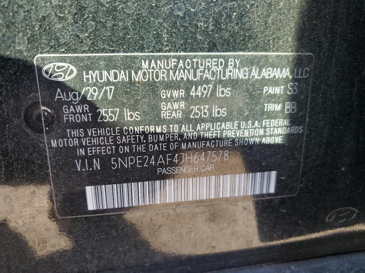 2018 Hyundai Sonata Se VIN: 5NPE24AF4JH647578 Lot: 85843885