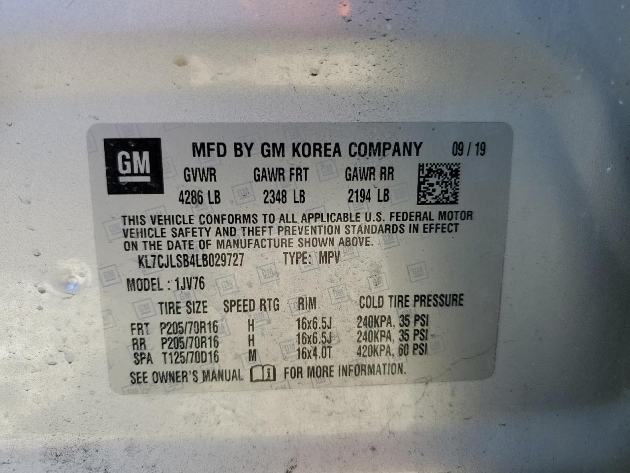 2020 Chevrolet Trax 1Lt VIN: KL7CJLSB4LB029727 Lot: 82348905