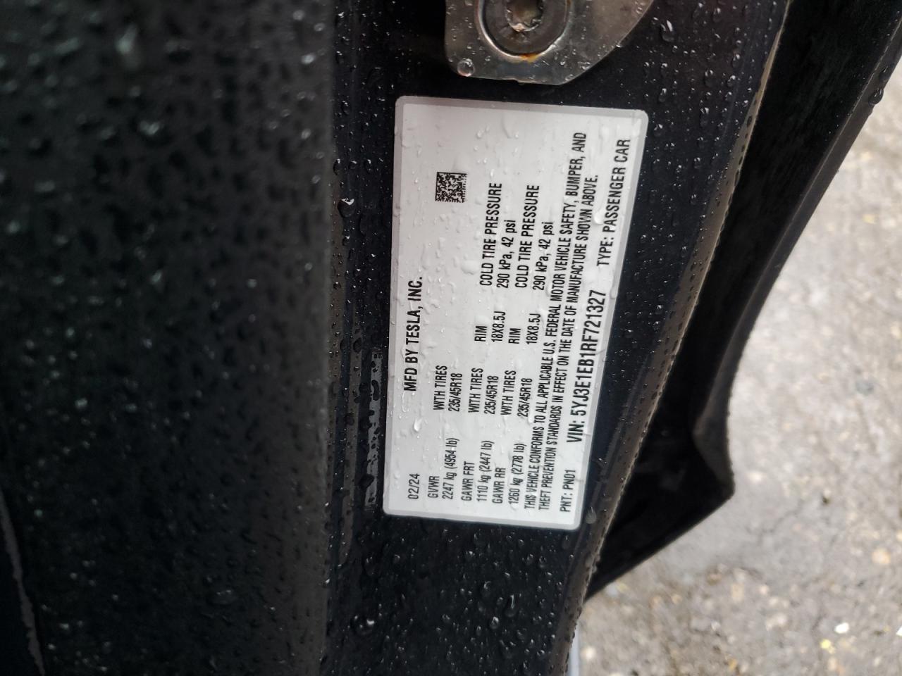 2024 Tesla Model 3 VIN: 5YJ3E1EB1RF721327 Lot: 90333785