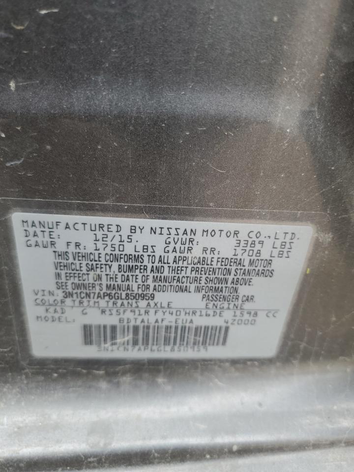 2016 Nissan Versa S VIN: 3N1CN7AP6GL850959 Lot: 86218225