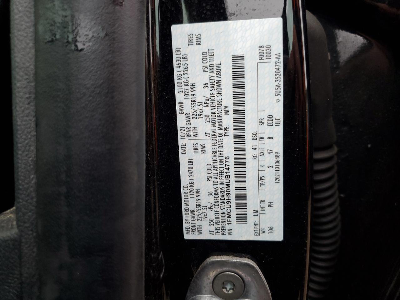 2021 Ford Escape Sel VIN: 1FMCU9H90MUB14776 Lot: 85492185