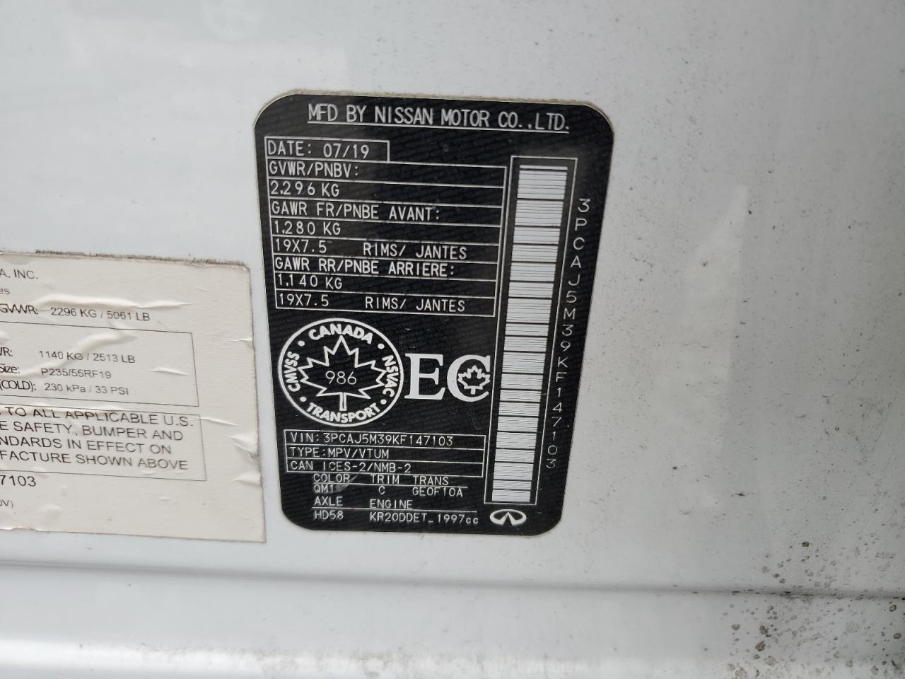 2019 Infiniti Qx50 Essential VIN: 3PCAJ5M39KF147103 Lot: 89703215