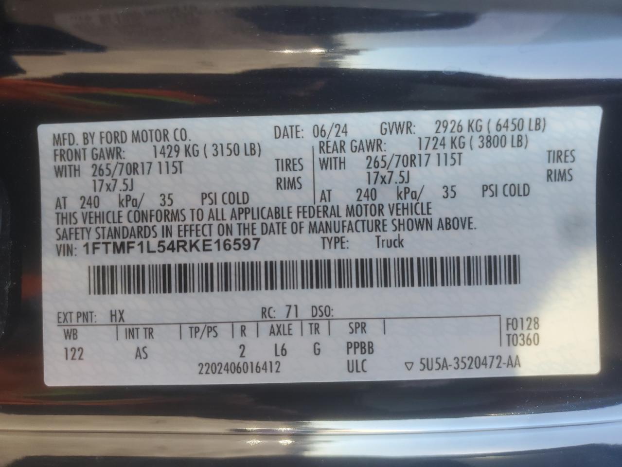 2024 Ford F150 Xl VIN: 1FTMF1L54RKE16597 Lot: 85397795