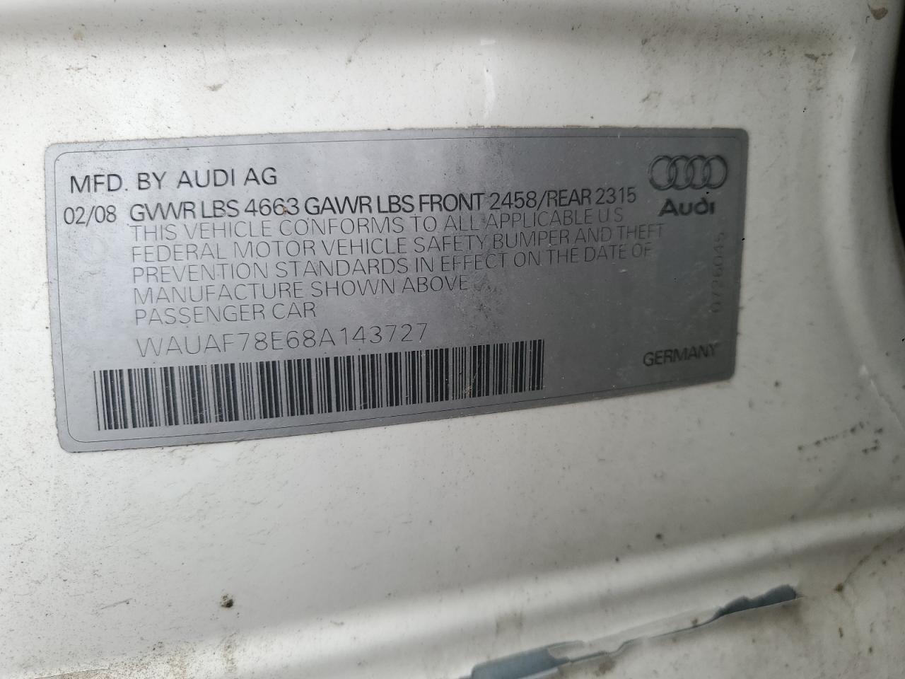 2008 Audi A4 2.0T VIN: WAUAF78E68A143727 Lot: 85959885