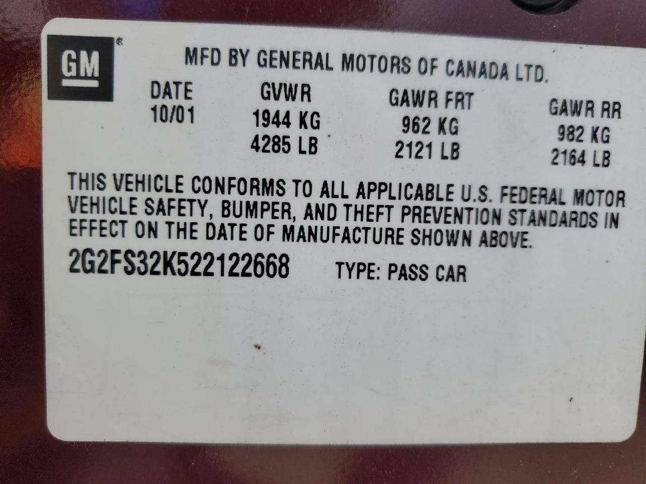 2002 Pontiac Firebird VIN: 2G2FS32K522122668 Lot: 89856255