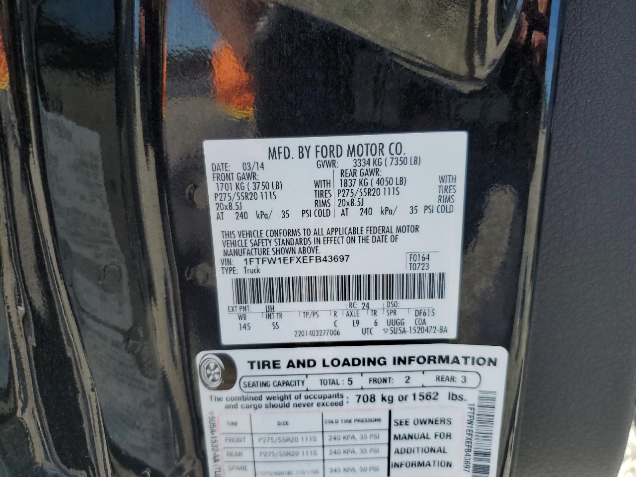 2014 Ford F150 Supercrew VIN: 1FTFW1EFXEFB43697 Lot: 82190725