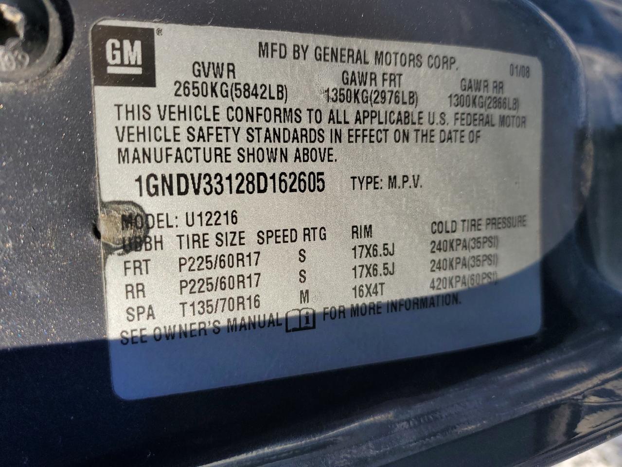 2008 Chevrolet Uplander Lt VIN: 1GNDV33128D162605 Lot: 86289145