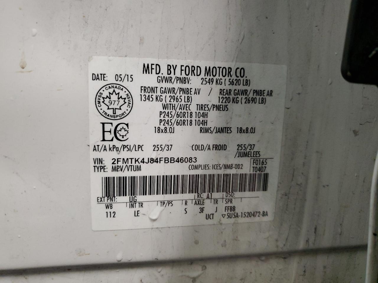 2015 Ford Edge Sel VIN: 2FMTK4J84FBB46083 Lot: 89735705