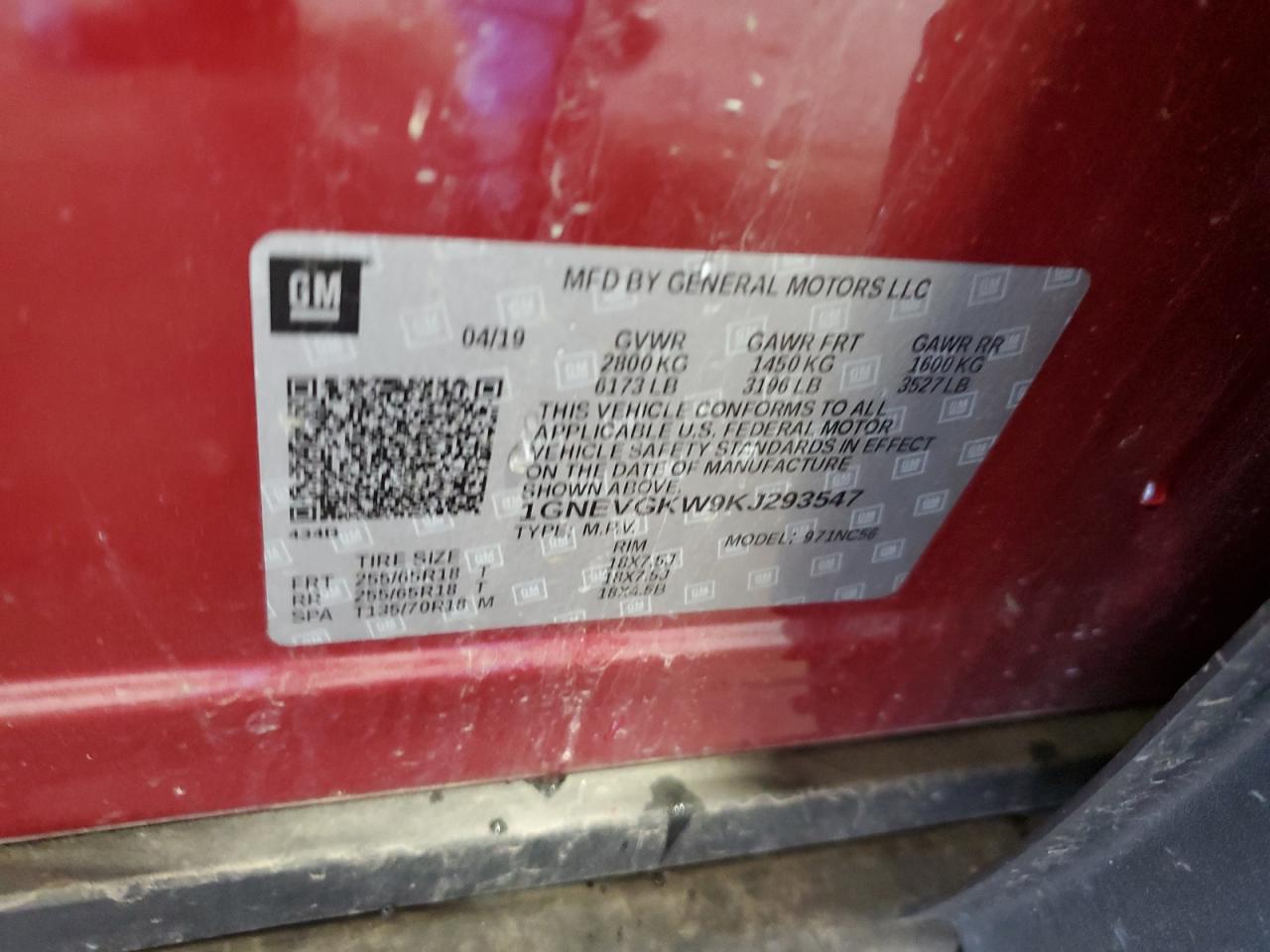 2019 Chevrolet Traverse Lt VIN: 1GNEVGKW9KJ293547 Lot: 85908495