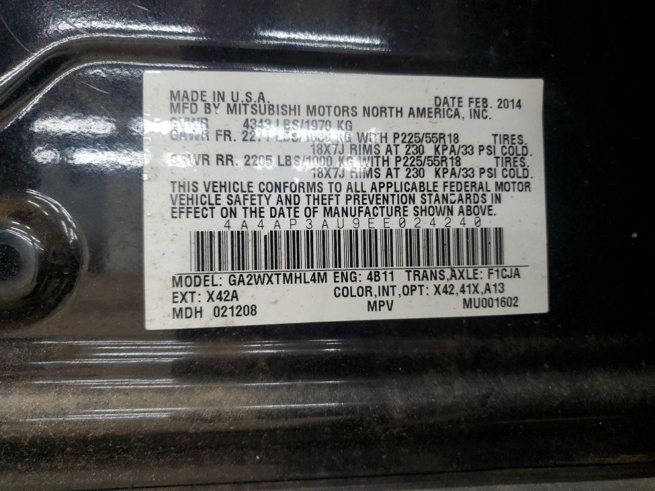 2014 Mitsubishi Outlander Sport Es VIN: 4A4AP3AU9EE024240 Lot: 90416865