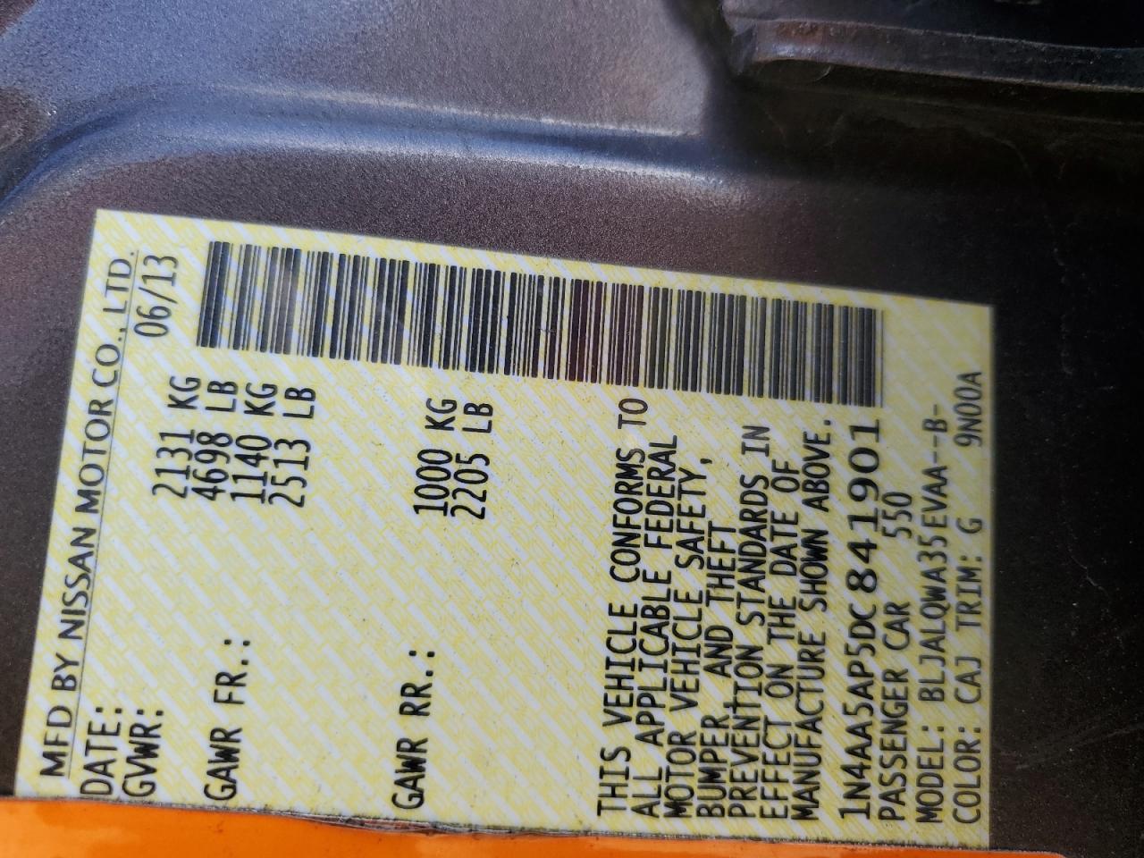 2013 Nissan Maxima S VIN: 1N4AA5AP5DC841901 Lot: 82436755