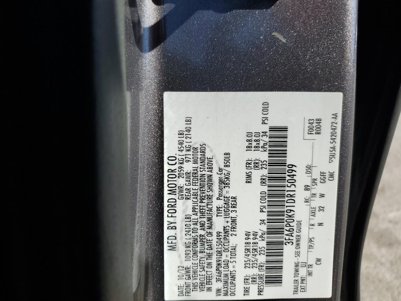 2013 Ford Fusion Titanium VIN: 3FA6P0K91DR150499 Lot: 82367335