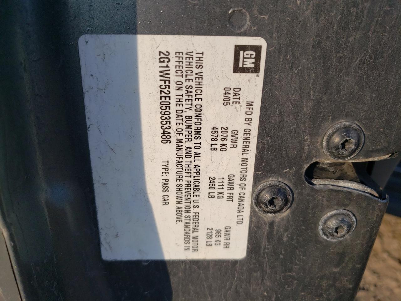 2005 Chevrolet Impala VIN: 2G1WF52E059353486 Lot: 85107255