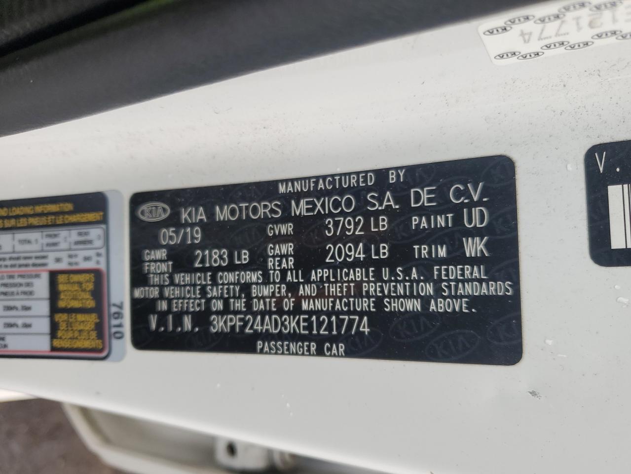 2019 Kia Forte Fe VIN: 3KPF24AD3KE121774 Lot: 82678075