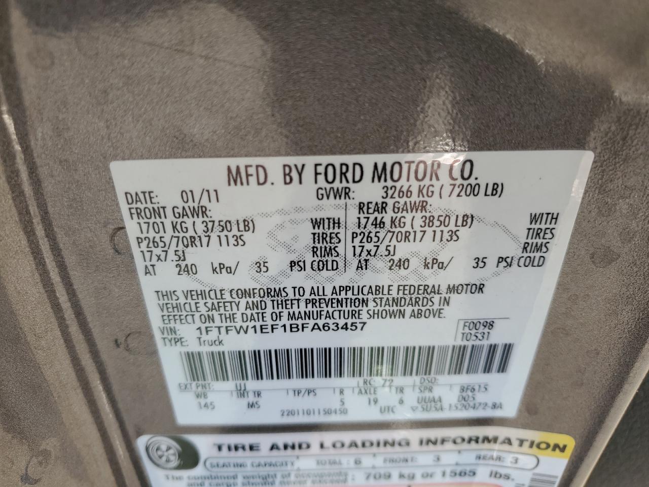 2011 Ford F150 Supercrew VIN: 1FTFW1EF1BFA63457 Lot: 91173985