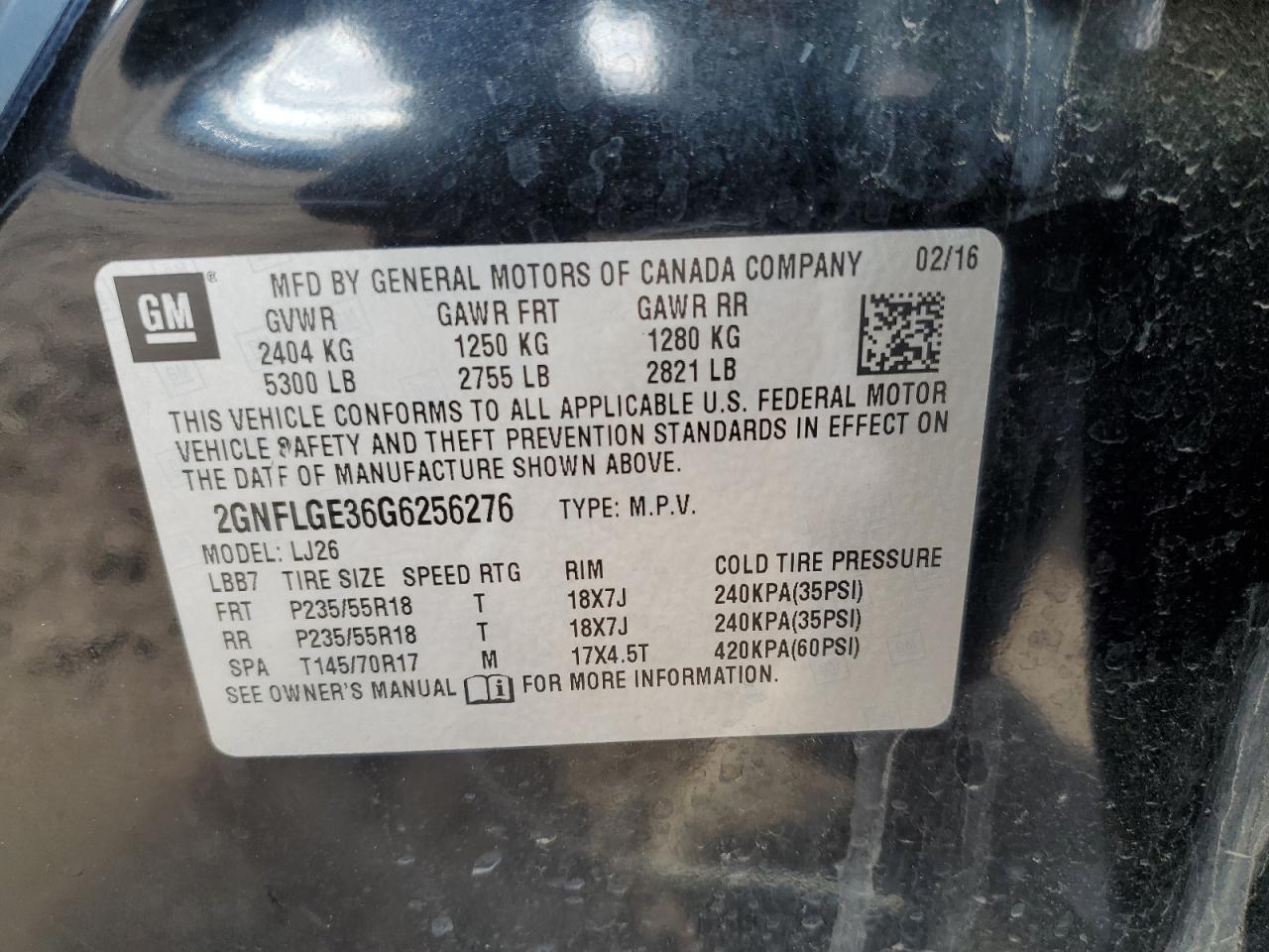 2016 Chevrolet Equinox Ltz VIN: 2GNFLGE36G6256276 Lot: 82353605