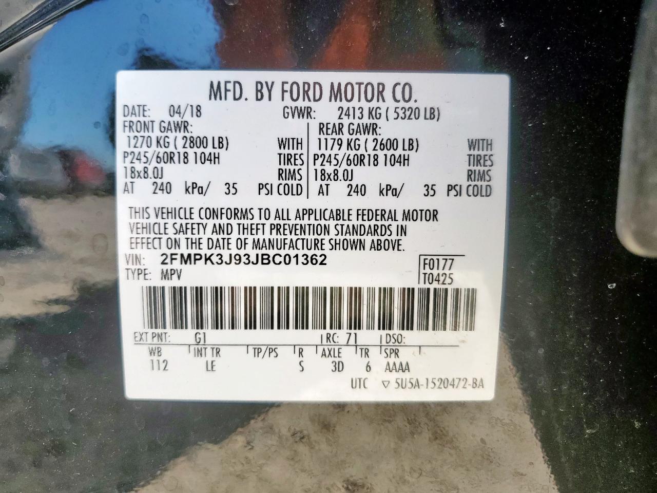 2018 Ford Edge Sel VIN: 2FMPK3J93JBC01362 Lot: 84864215