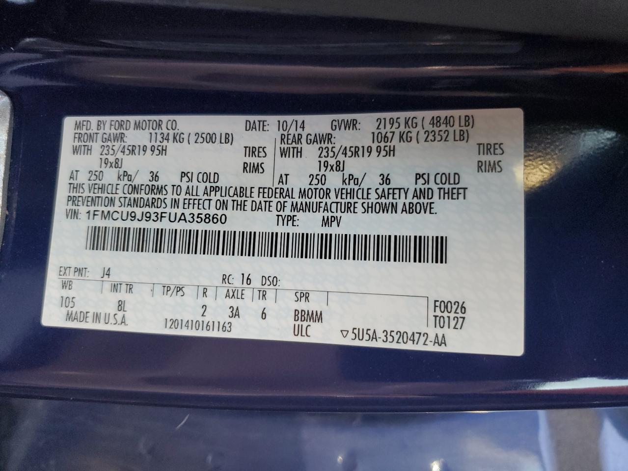 2015 Ford Escape Titanium VIN: 1FMCU9J93FUA35860 Lot: 90047605