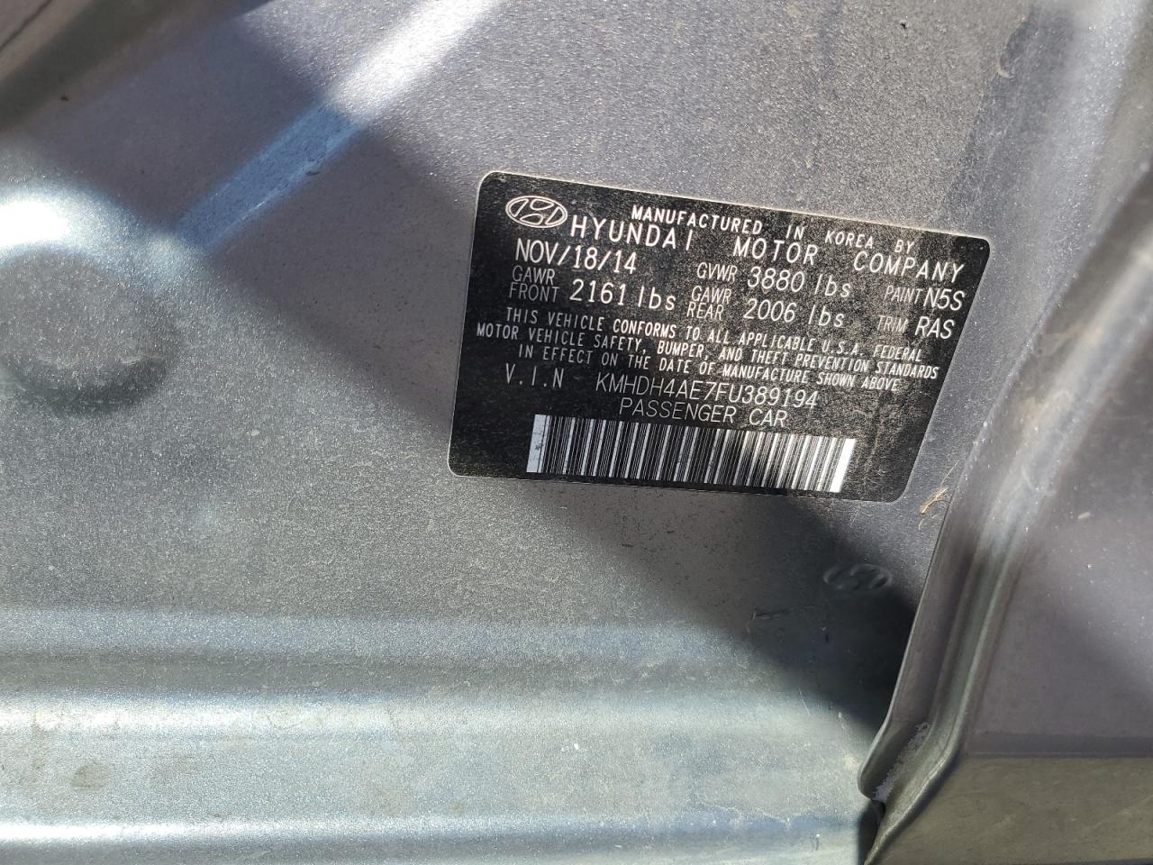 2015 Hyundai Elantra Se VIN: KMHDH4AE7FU389194 Lot: 86481595