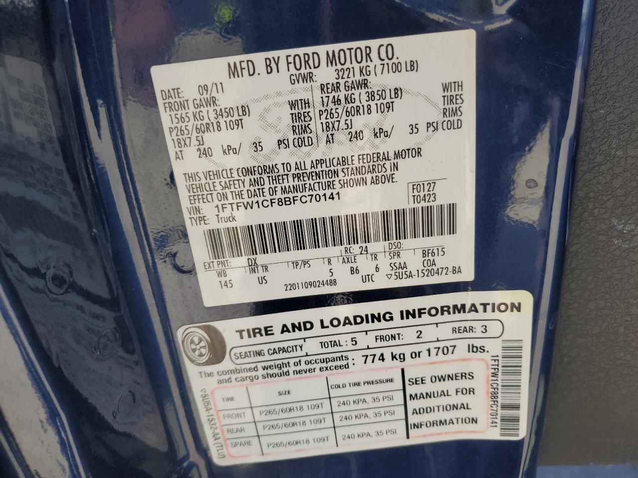 2011 Ford F150 Supercrew VIN: 1FTFW1CF8BFC70141 Lot: 86247635