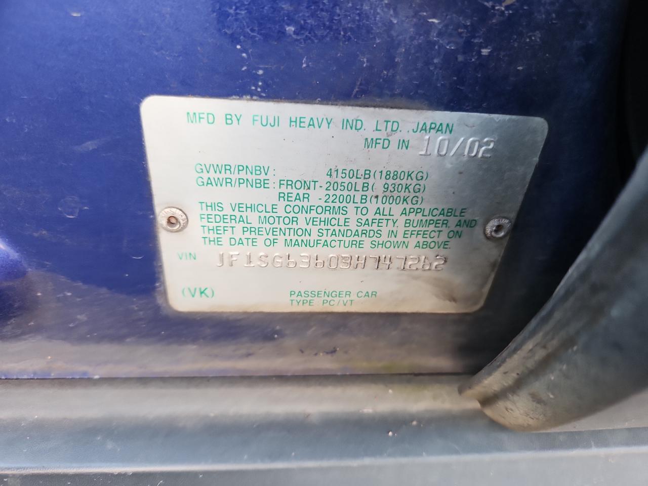 2003 Subaru Forester 2.5X VIN: JF1SG63603H747262 Lot: 84543625