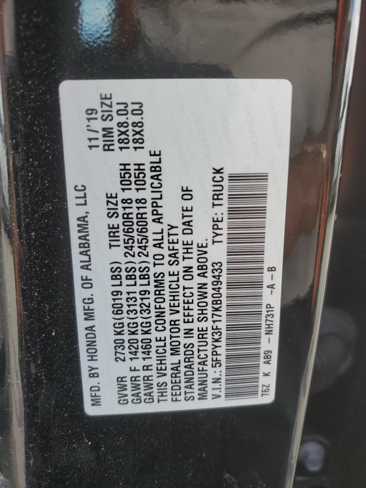 2019 Honda Ridgeline Sport VIN: 5FPYK3F17KB049433 Lot: 87215415