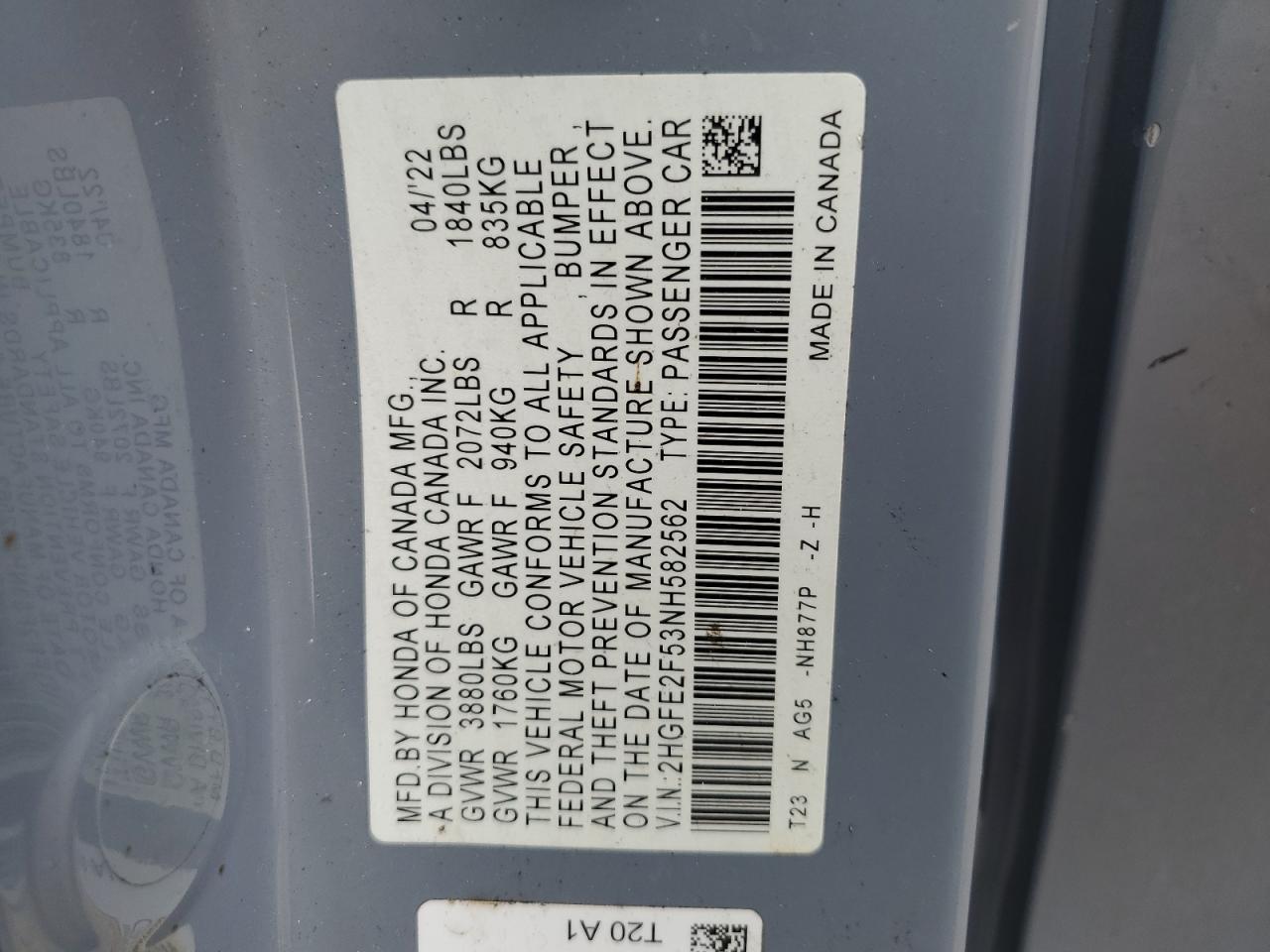 2022 Honda Civic Sport VIN: 2HGFE2F53NH582562 Lot: 84995745