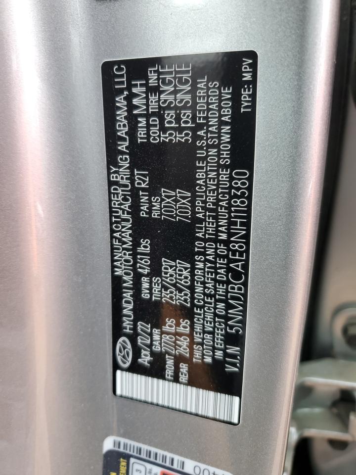 2022 Hyundai Tucson Sel VIN: 5NMJBCAE8NH118380 Lot: 85369095