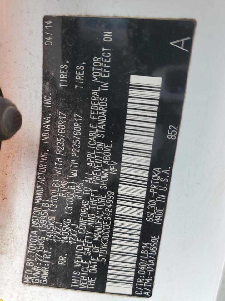 2014 Toyota Sienna Xle VIN: 5TDYK3DC0ES484999 Lot: 85190185