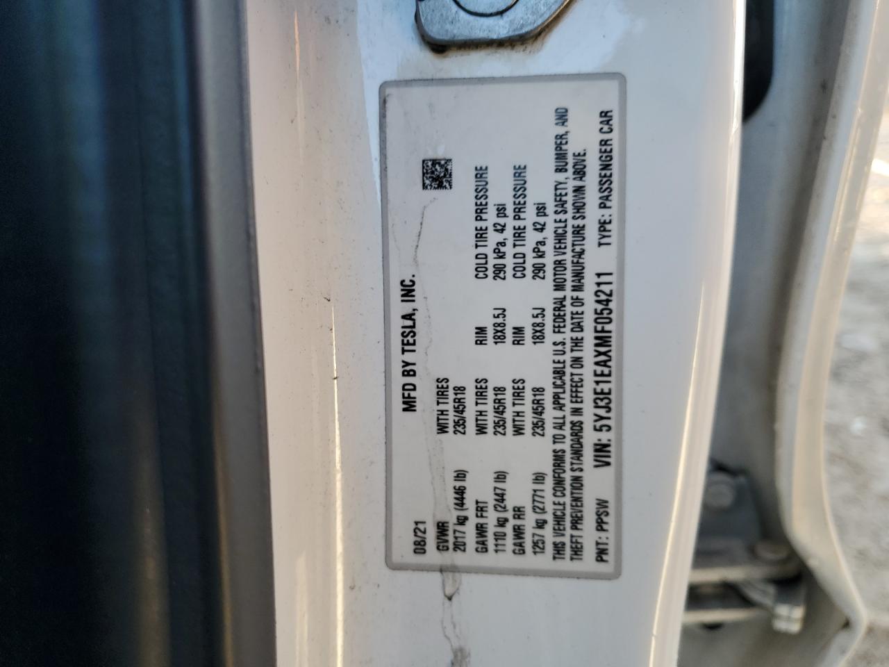 2021 Tesla Model 3 VIN: 5YJ3E1EAXMF054211 Lot: 89533135