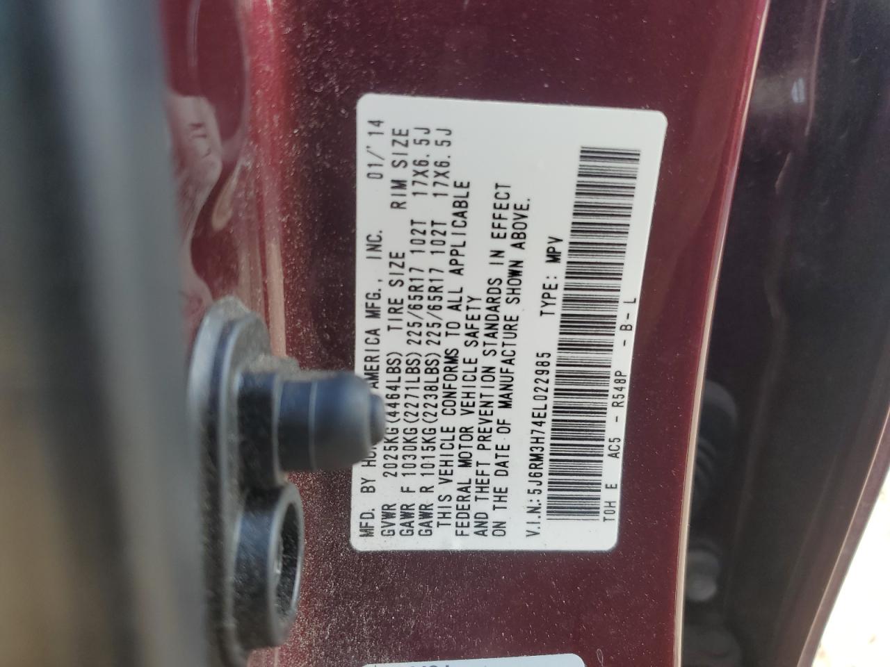 2014 Honda Cr-V Exl VIN: 5J6RM3H74EL022985 Lot: 86448605