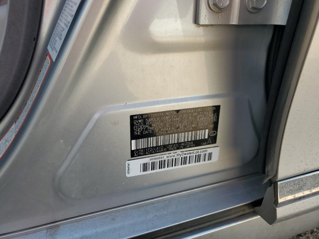 2007 Lexus Ls 460L VIN: JTHGL46F875007038 Lot: 90307885