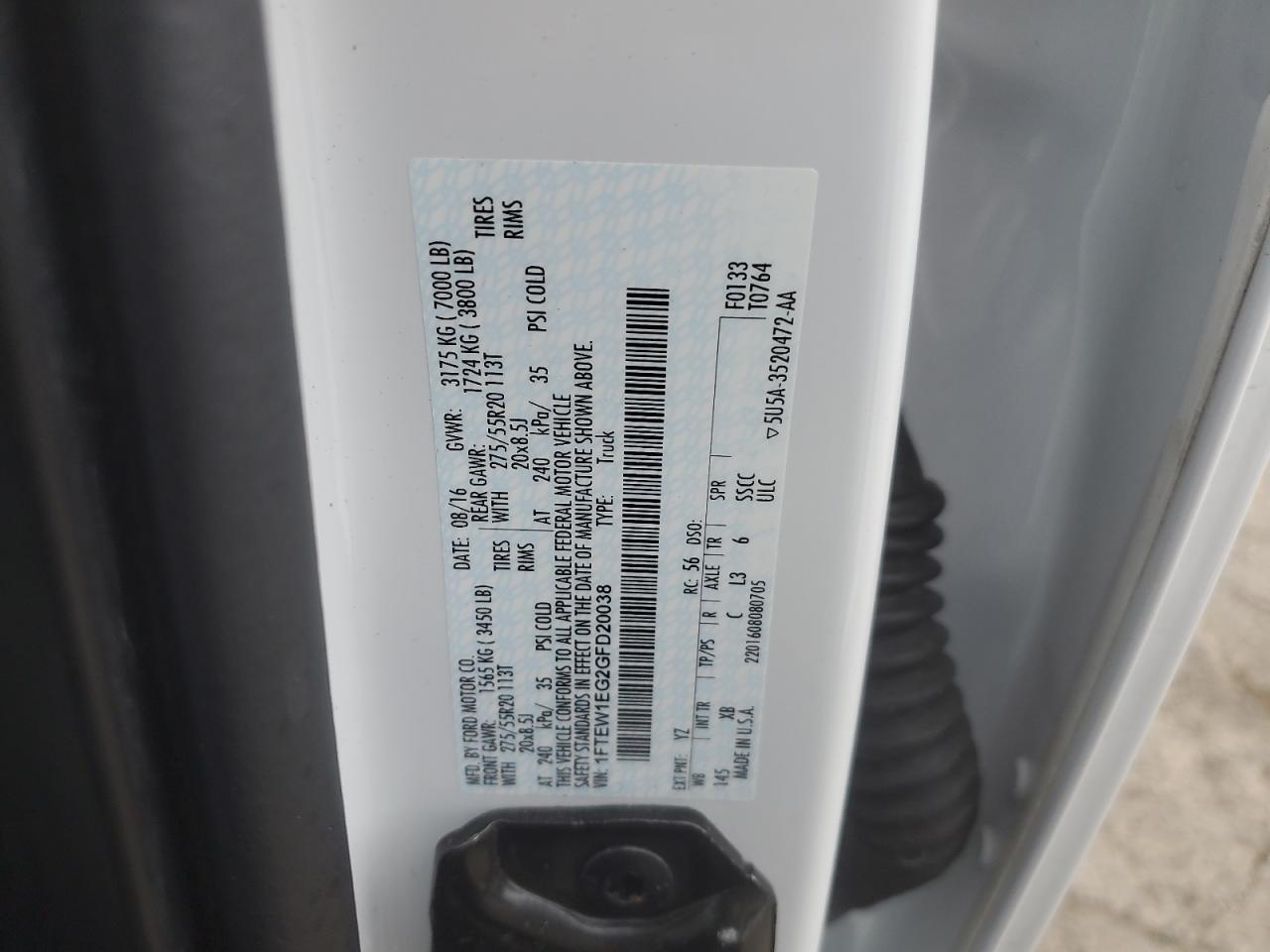 2016 Ford F150 Supercrew VIN: 1FTEW1EG2GFD20038 Lot: 87076645