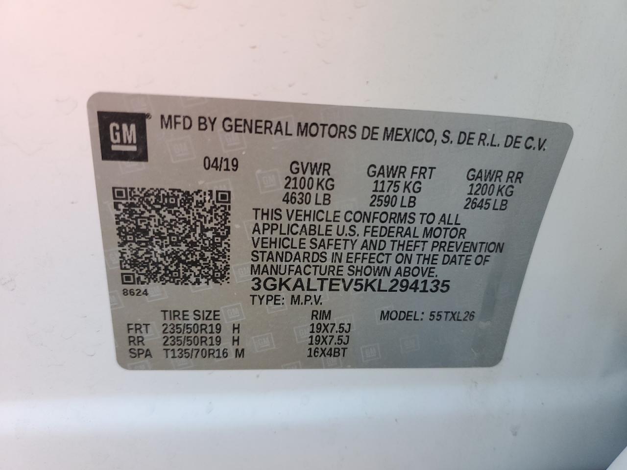 2019 GMC Terrain Sle VIN: 3GKALTEV5KL294135 Lot: 89694325