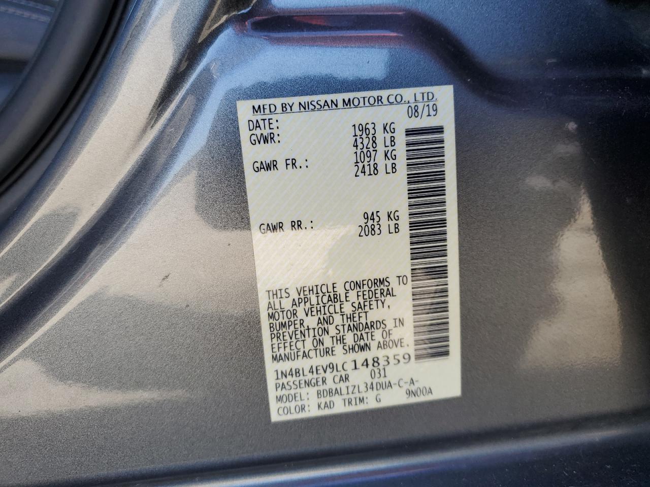 2020 Nissan Altima Sl VIN: 1N4BL4EV9LC148359 Lot: 82343275