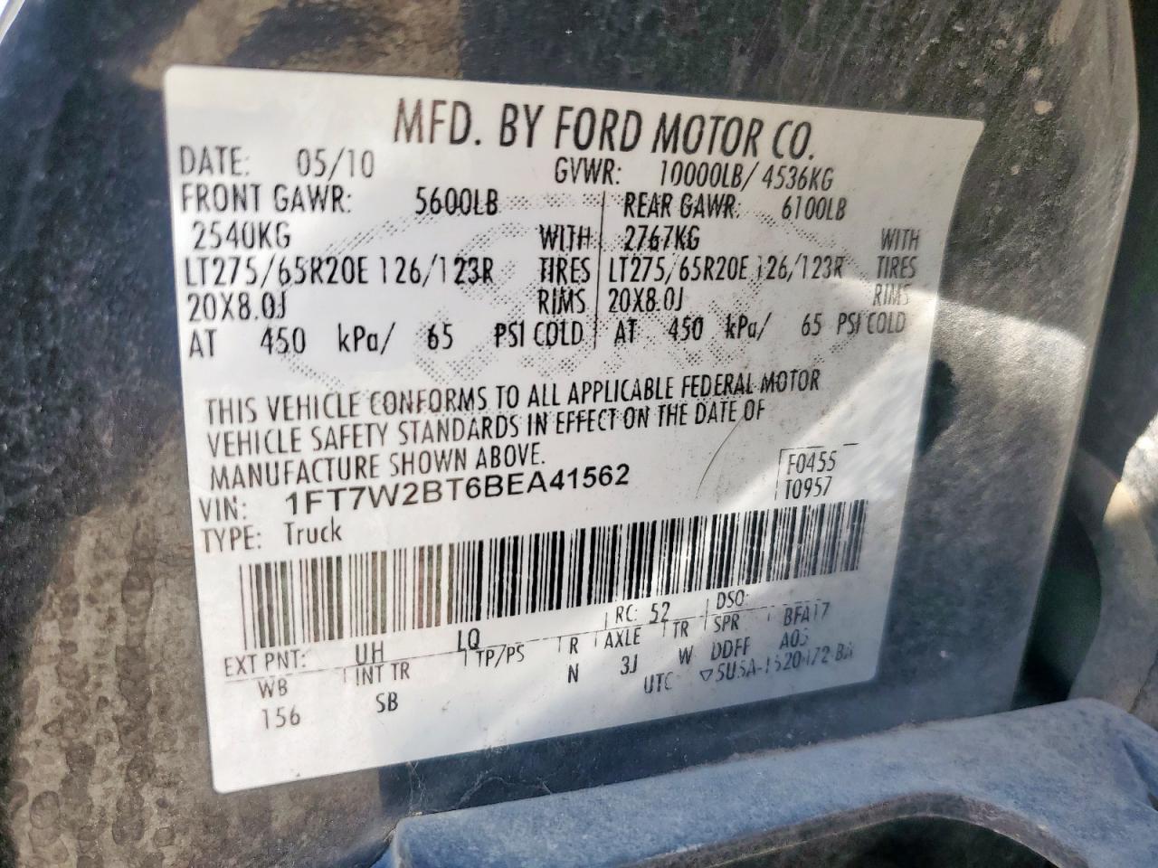 2011 Ford F250 Super Duty VIN: 1FT7W2BT6BEA41562 Lot: 85350835