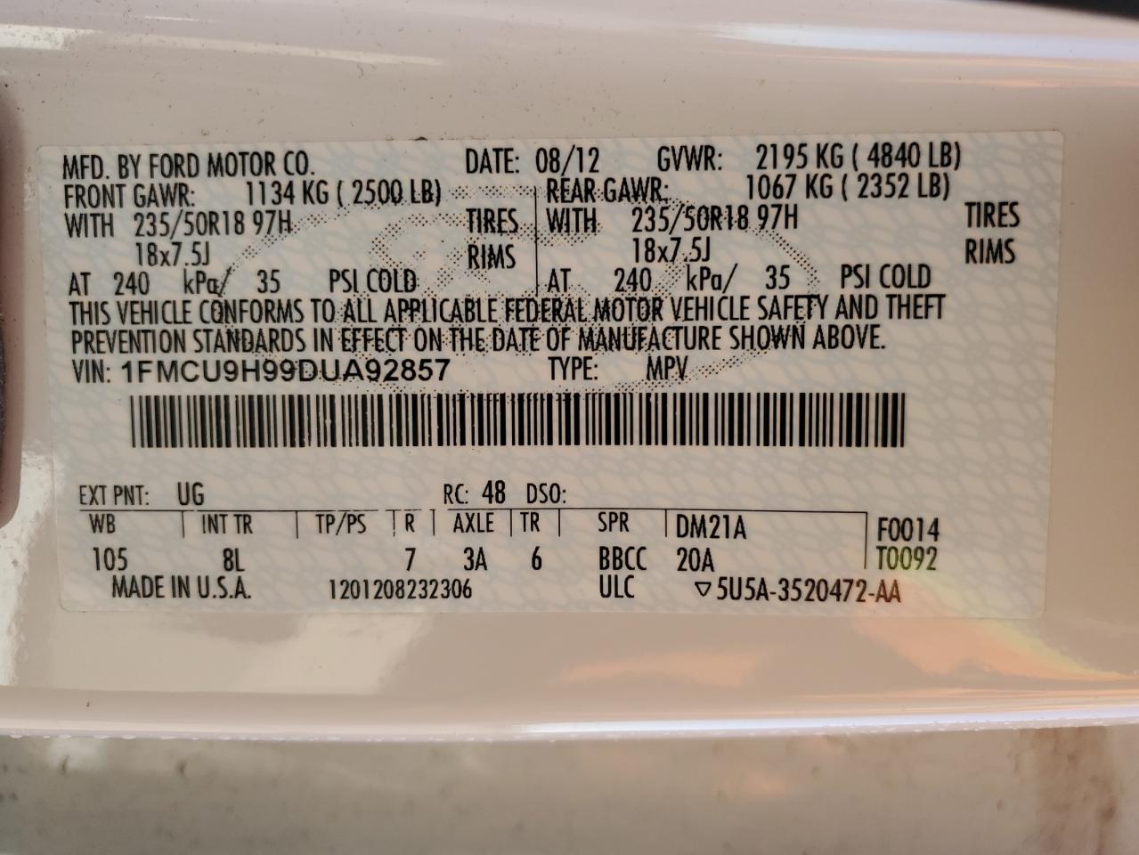 2013 Ford Escape Sel VIN: 1FMCU9H99DUA92857 Lot: 90683165