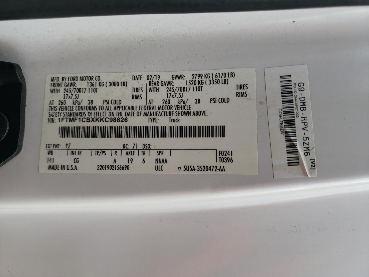 2019 Ford F150 VIN: 1FTMF1CBXKKC98826 Lot: 81584785