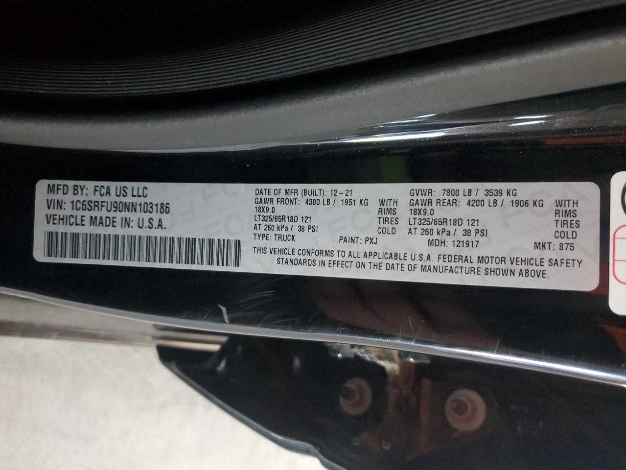 2022 Ram 1500 Trx VIN: 1C6SRFU90NN103186 Lot: 85095125