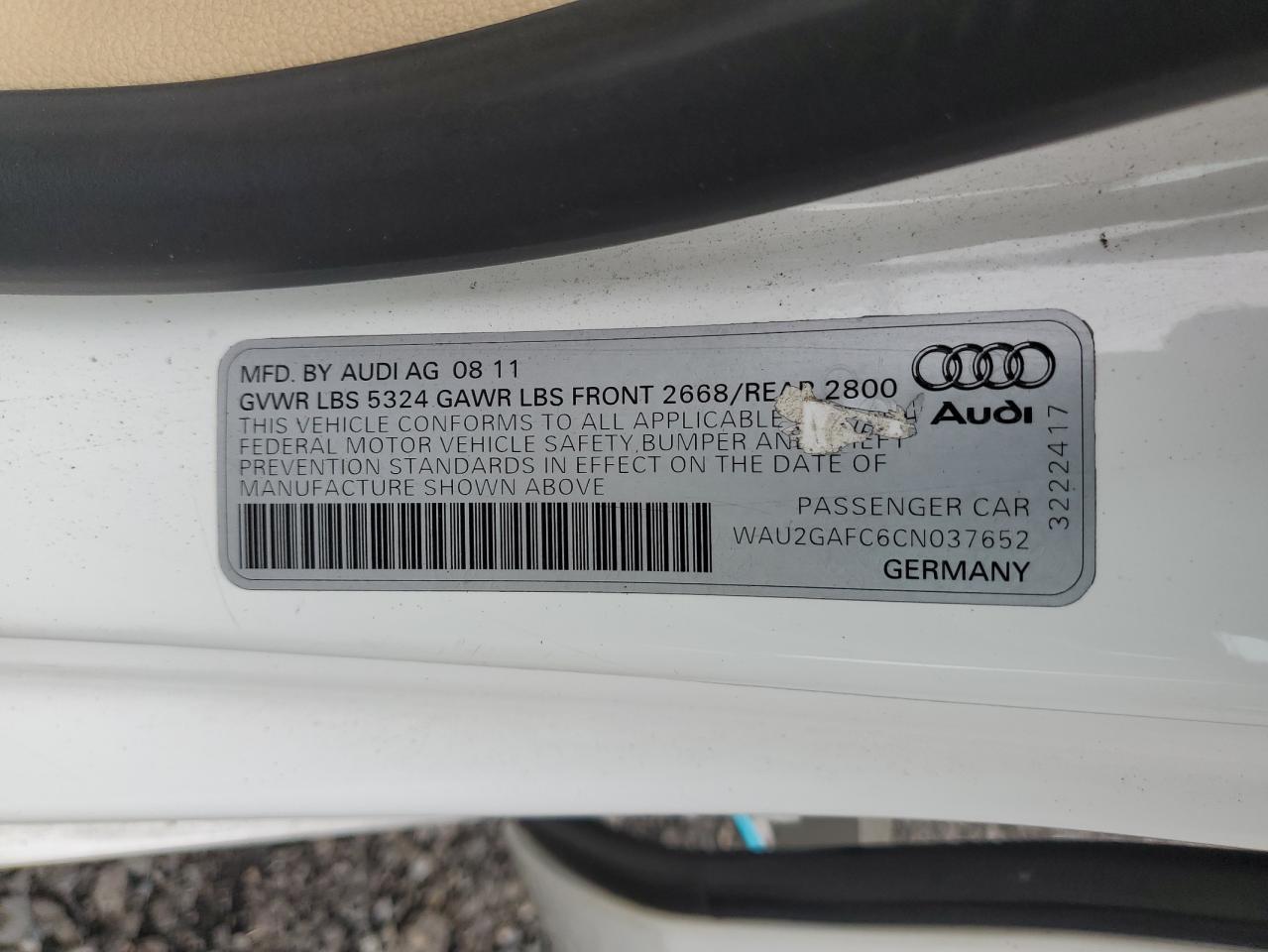 2012 Audi A7 Prestige VIN: WAU2GAFC6CN037652 Lot: 90030925