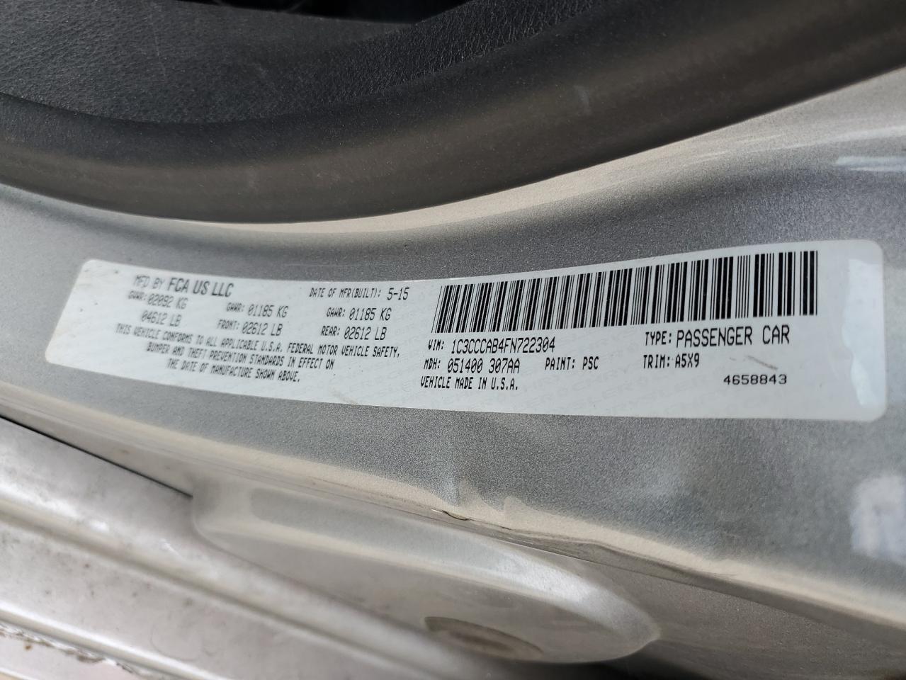 2015 Chrysler 200 Limited VIN: 1C3CCCAB4FN722304 Lot: 85872805