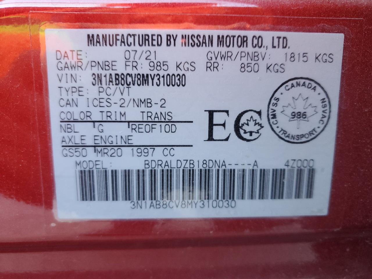 2021 Nissan Sentra Sv VIN: 3N1AB8CV8MY310030 Lot: 85149535