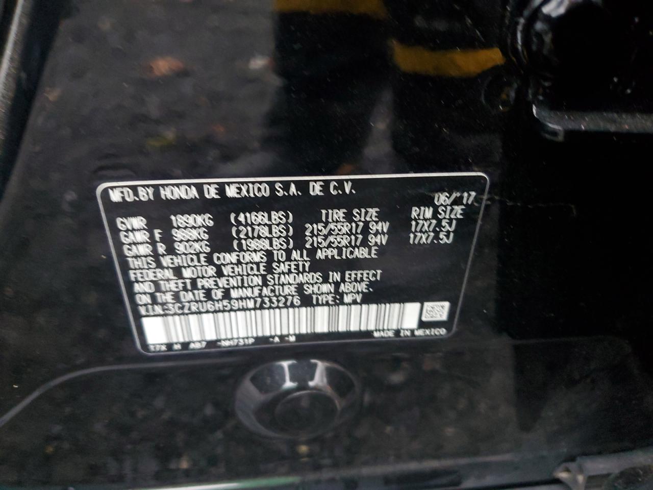 2017 Honda Hr-V Ex VIN: 3CZRU6H59HM733276 Lot: 90111715