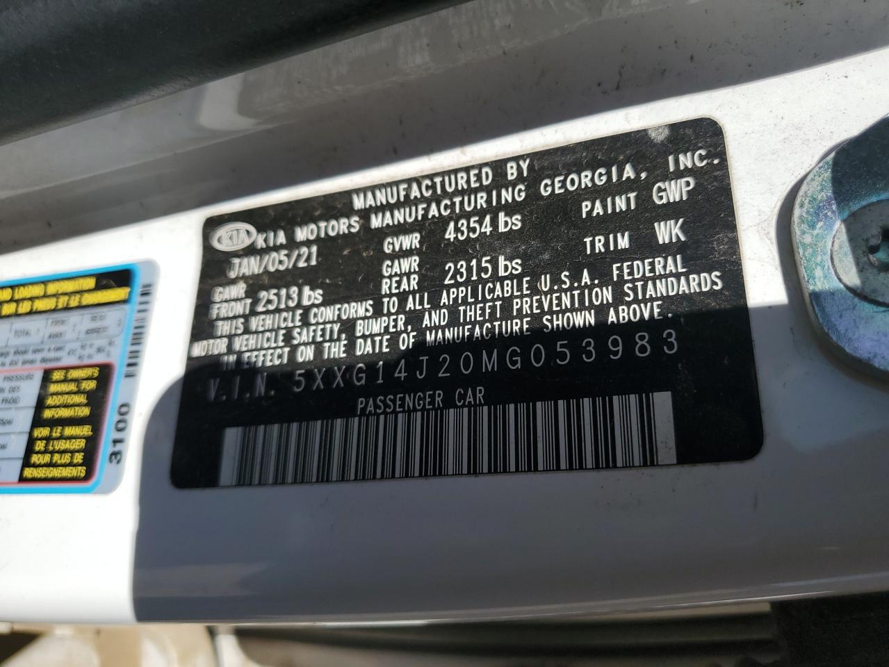 2021 Kia K5 Lxs VIN: 5XXG14J20MG053983 Lot: 86482415