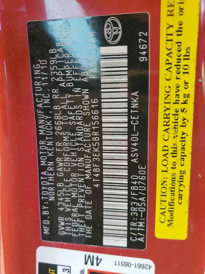 2011 Toyota Camry Base VIN: 4T4BF3EK5BR156616 Lot: 86236575